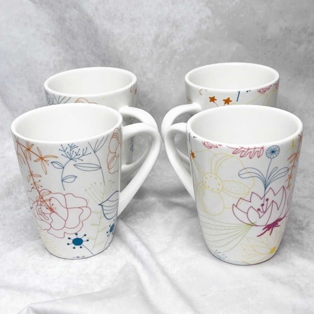 PIER 1 Coffee Cup‎ Set of 4 Dolomite Floral Collection Multicolor Flowers White